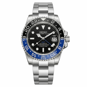 Seiko Mod Batman GMT automático con bisel negro y azul y brazalete acero inoxidable