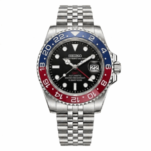 Seiko Mod Pepsi GMT automático con bisel rojo y azul y brazalete acero inoxidable