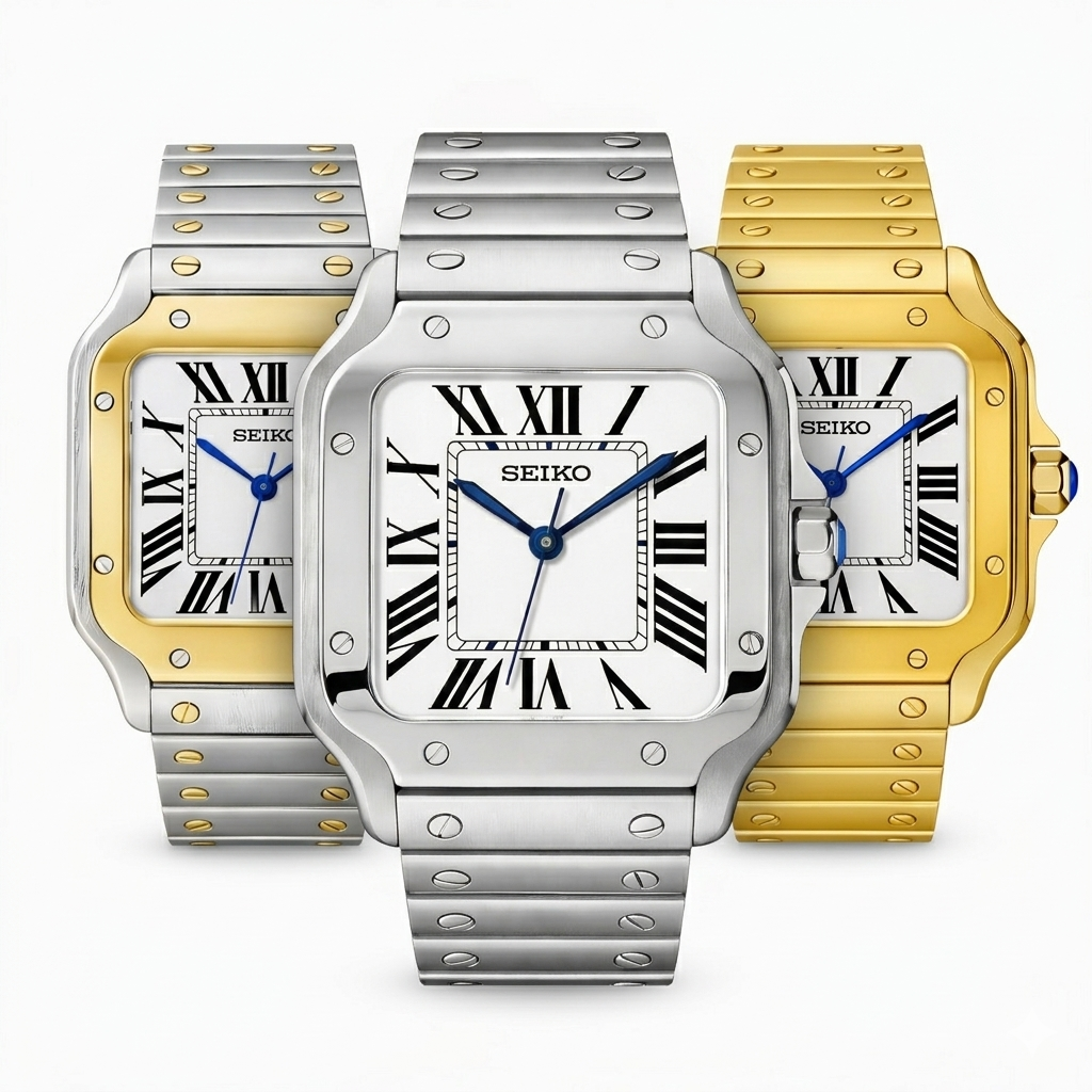 Tres relojes de pulsera de la marca Seiko en diferentes colores: plateado, dorado y mate, con diseño cuadrado y marcadores romanos.